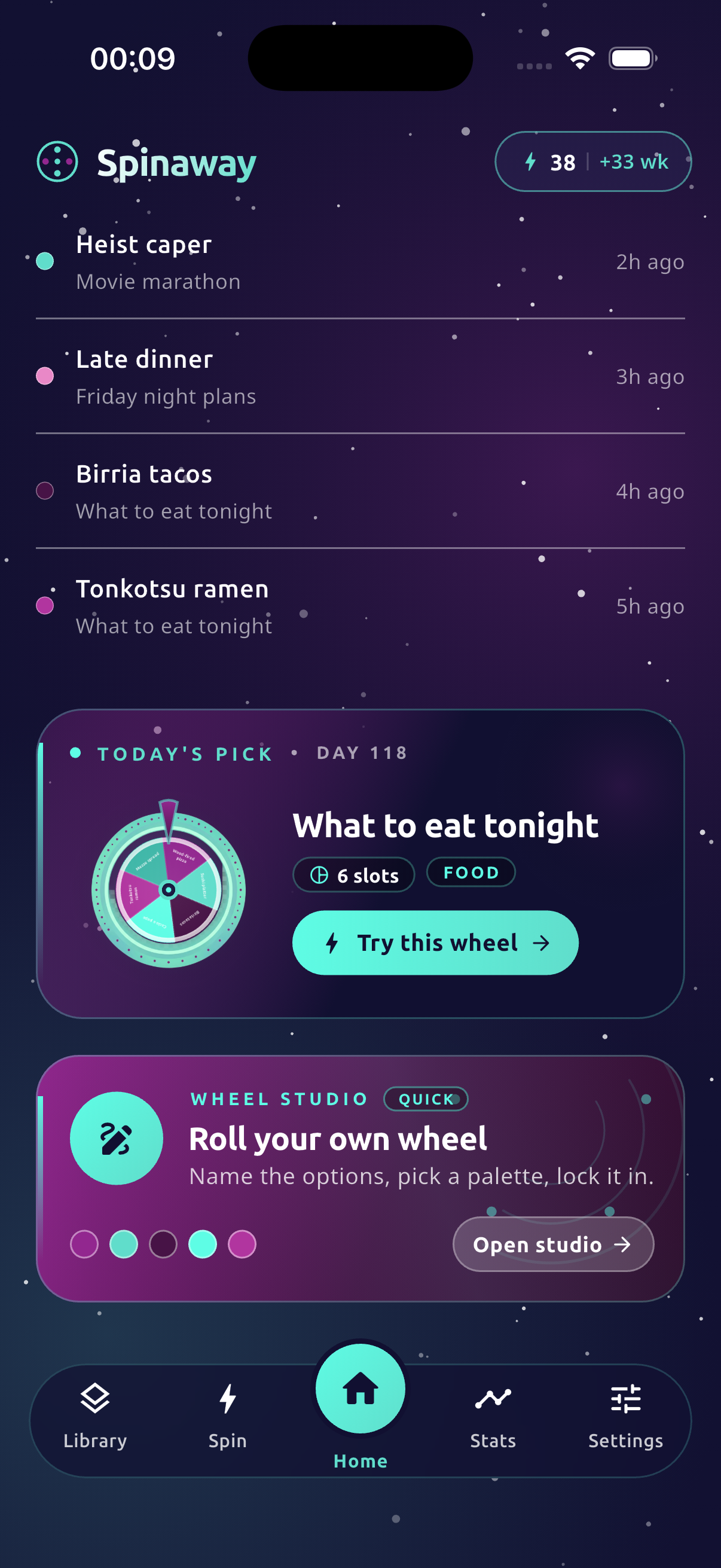 Spinaway home dashboard